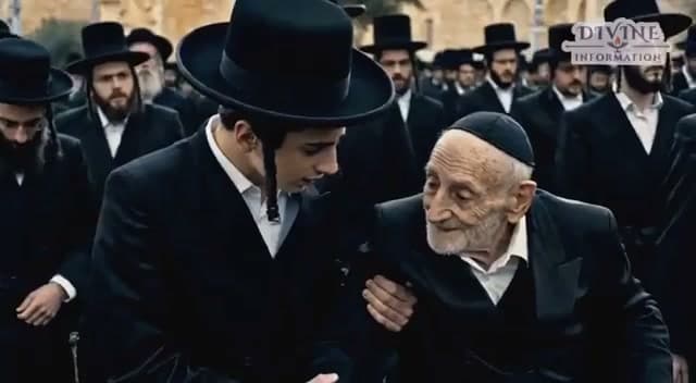 A young man helps an elder through the crowd